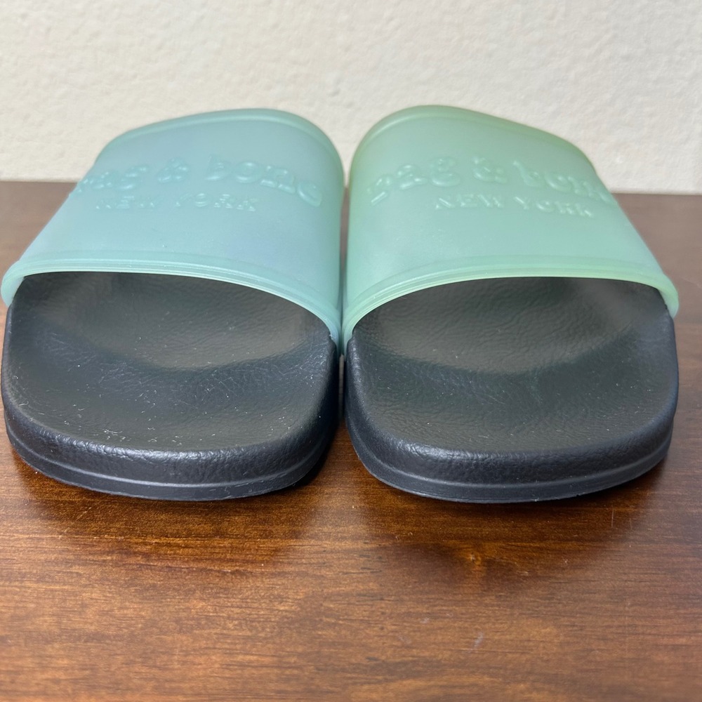 Rag & Bone New York Size 40 Logo Slides Black Seafoam Green Rubber Sandals Italy - Picture 3 of 8